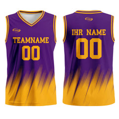 Benutzerdefinierter Lila Gelb Basketball Jersey Uniform Anzug gedruckt Ihr Logo Name Nummer