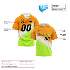 Benutzerdefinierte Orange Weiß Grün Kurzarm-Kapuzenpullover für Männer Frauen Hemden mit Kapuzen gedruckt Name Logo