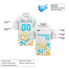 Benutzerdefinierte Weiß Hellblau Kurzarm-Kapuzenpullover für Männer Frauen Hemden mit Kapuzen gedruckt Name Logo