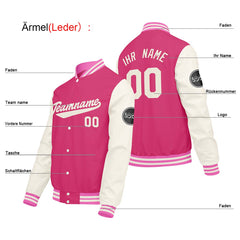 Maßgeschneiderte Rosa Creme Weiß Letterman Varsity Jacket Individuelle Stickerei Druck nach Ihrem Wunsch