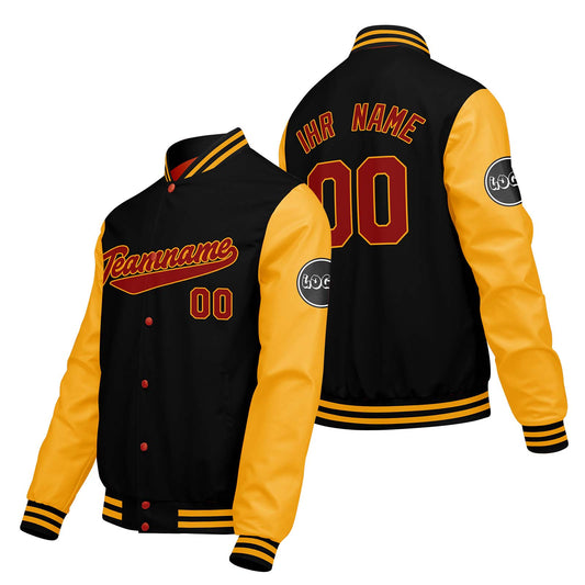 Maßgeschneiderte Schwarz Gelb Letterman Varsity Jacket Individuelle Stickerei Druck nach Ihrem Wunsch