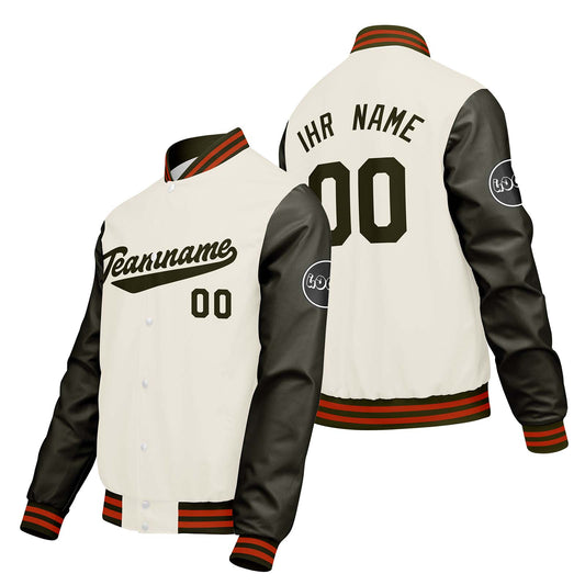 Maßgeschneiderte Creme Weiß Grün Letterman Varsity Jacket Individuelle Stickerei Druck nach Ihrem Wunsch