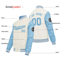 Maßgeschneiderte Creme Weiß Blau Letterman Varsity Jacket Individuelle Stickerei Druck nach Ihrem Wunsch