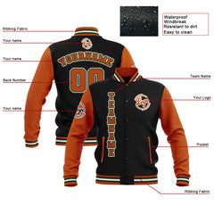 Benutzerdefiniert Schwarz Orange Grün Wasserdichte Varsity Jacken Personalisiert genäht Name Nummer Logo zu Letterman Jacken