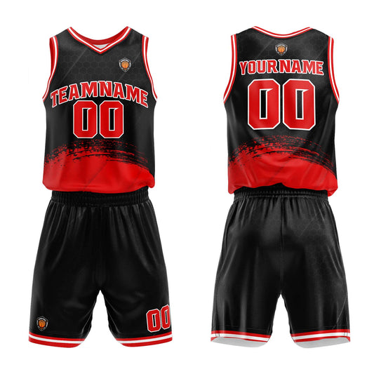 Benutzerdefinierter Schwarz Rot Basketball Jersey Uniform Anzug gedruckt Ihr Logo Name Nummer
