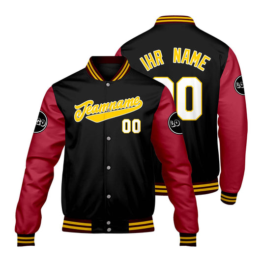 Maßgeschneiderte Schwarz Rot Letterman Varsity Jacket Individuelle Stickerei Druck nach Ihrem Wunsch