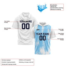 Benutzerdefinierte Weiß Hellblau Kurzarm-Kapuzenpullover für Männer Frauen Hemden mit Kapuzen gedruckt Name Logo