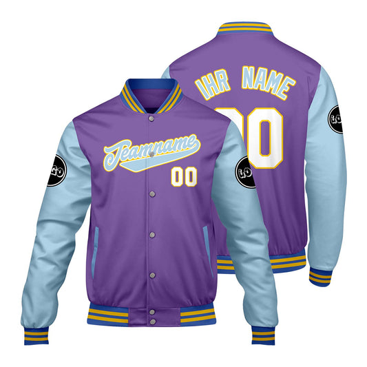 Maßgeschneiderte Lila Blau Letterman Varsity Jacket Individuelle Stickerei Druck nach Ihrem Wunsch