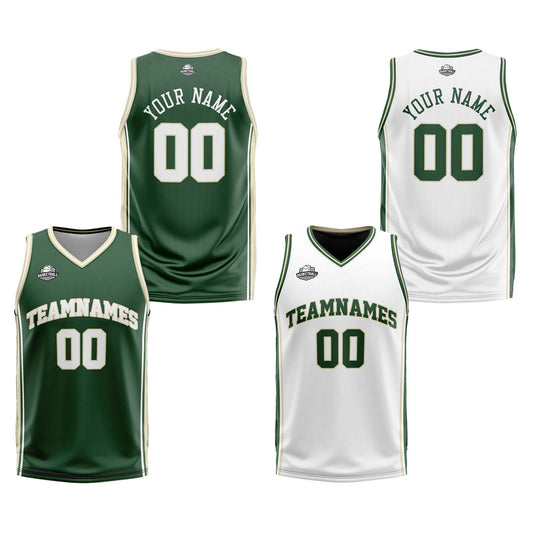 Benutzerdefinierte Dunkelgrün Weiß Creme Reversible Basketball Jersey Personalisierte Print Name Nummer Logo