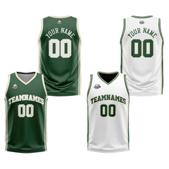Benutzerdefinierte Dunkelgrün Weiß Creme Reversible Basketball Jersey Personalisierte Print Name Nummer Logo