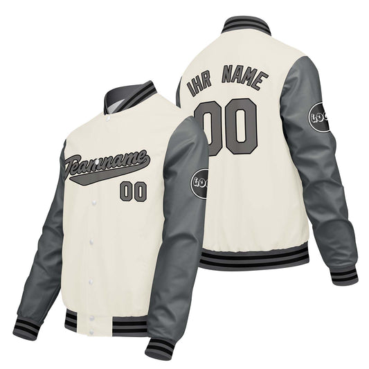 Maßgeschneiderte Creme Weiß Grau Letterman Varsity Jacket Individuelle Stickerei Druck nach Ihrem Wunsch
