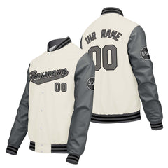 Maßgeschneiderte Creme Weiß Grau Letterman Varsity Jacket Individuelle Stickerei Druck nach Ihrem Wunsch