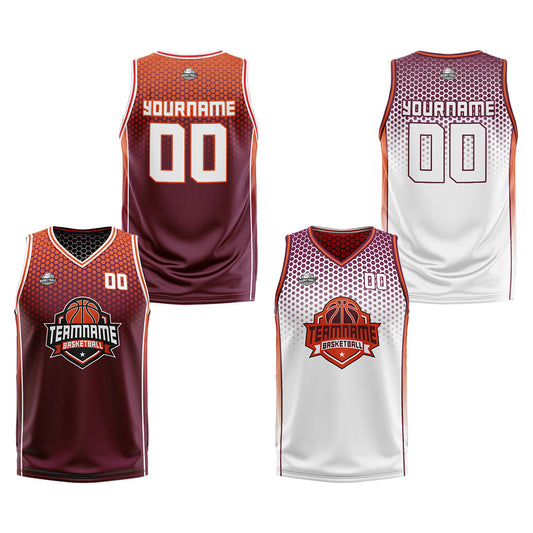 Benutzerdefinierte Burgund Orange Weiß Reversible Basketball Jersey Personalisierte Print Name Nummer Logo