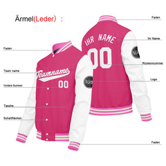 Maßgeschneiderte Rosa Weiß Letterman Varsity Jacket Individuelle Stickerei Druck nach Ihrem Wunsch