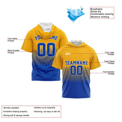 Benutzerdefinierte Gelb Blau Kurzarm-Kapuzenpullover für Männer Frauen Hemden mit Kapuzen gedruckt Name Logo