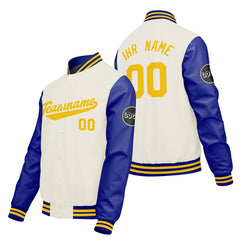 Maßgeschneiderte Creme Weiß Blau Letterman Varsity Jacket Individuelle Stickerei Druck nach Ihrem Wunsch
