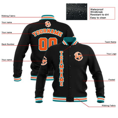 Benutzerdefiniert Schwarz Teal Orange Wasserdichte Varsity Jacken Personalisiert genäht Name Nummer Logo zu Letterman Jacken