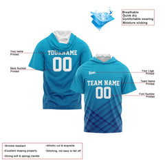 Benutzerdefinierte Aqua Kurzarm-Kapuzenpullover für Männer Frauen Hemden mit Kapuzen gedruckt Name Logo