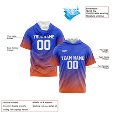 Benutzerdefinierte Blau Orange Kurzarm-Kapuzenpullover für Männer Frauen Hemden mit Kapuzen gedruckt Name Logo
