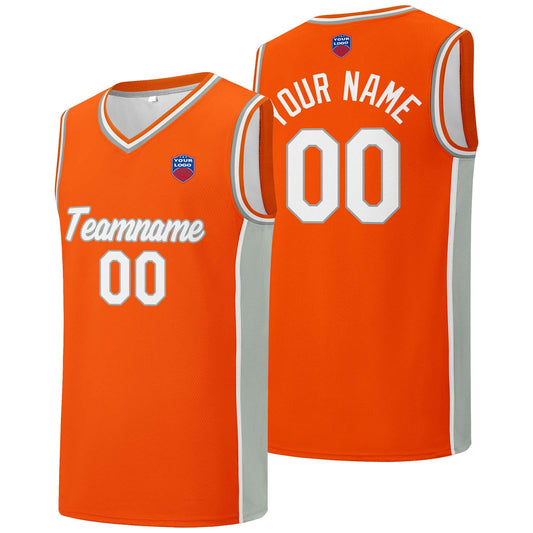 Individuelle Basketball-Jersey-Shorts für Männer und Frauen. Gestickter und gedruckter Name, Nummer und Logo Orange&Grau