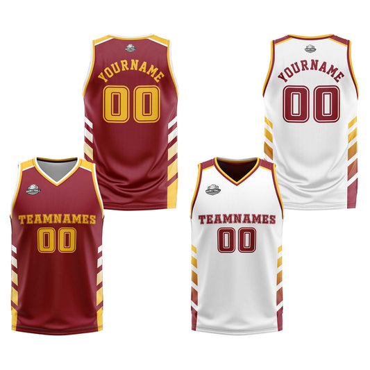 Benutzerdefinierte Burgund Weiß Gelb Reversible Basketball Jersey Personalisierte Print Name Nummer Logo