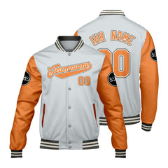 Maßgeschneiderte Hellgrau Orange Letterman Varsity Jacket Individuelle Stickerei Druck nach Ihrem Wunsch