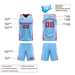 Benutzerdefinierte Hellblau Weiß Reversible Basketball Jersey Personalisierte Print Name Nummer Logo
