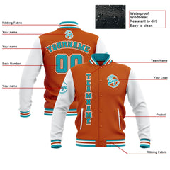 Benutzerdefiniert Orange Weiß Teal Wasserdichte Varsity Jacken Personalisiert genäht Name Nummer Logo zu Letterman Jacken
