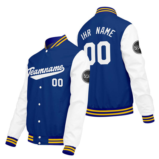 Maßgeschneiderte Weiß Blau Letterman Varsity Jacket Individuelle Stickerei Druck nach Ihrem Wunsch