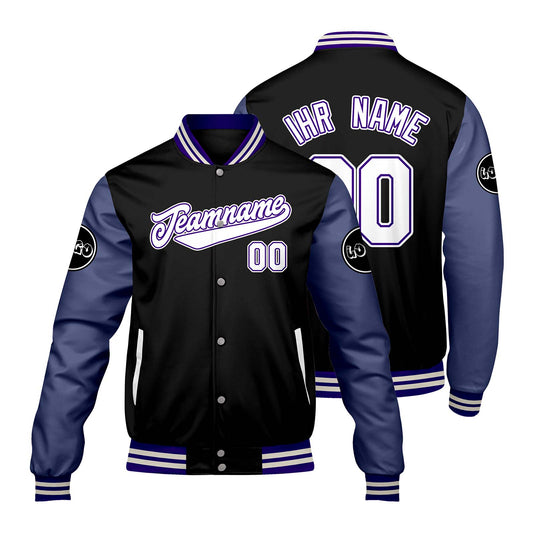 Maßgeschneiderte Schwarz Lila Letterman Varsity Jacket Individuelle Stickerei Druck nach Ihrem Wunsch