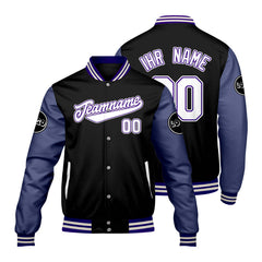 Maßgeschneiderte Schwarz Lila Letterman Varsity Jacket Individuelle Stickerei Druck nach Ihrem Wunsch