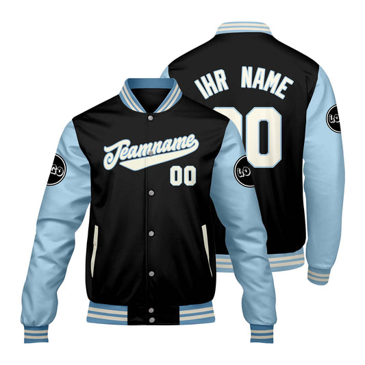 Maßgeschneiderte Schwarz Hellblau Letterman Varsity Jacket Individuelle Stickerei Druck nach Ihrem Wunsch