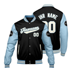 Maßgeschneiderte Schwarz Hellblau Letterman Varsity Jacket Individuelle Stickerei Druck nach Ihrem Wunsch