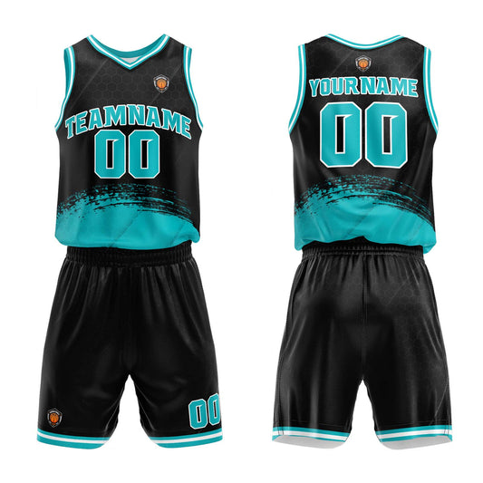 Benutzerdefinierter Schwarze Teal Basketball Jersey Uniform Anzug gedruckt Ihr Logo Name Nummer