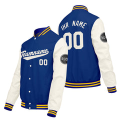 Maßgeschneiderte Creme Weiß Blau Letterman Varsity Jacket Individuelle Stickerei Druck nach Ihrem Wunsch