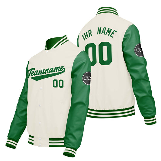 Maßgeschneiderte Creme Weiß Grün Letterman Varsity Jacket Individuelle Stickerei Druck nach Ihrem Wunsch