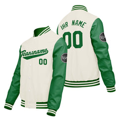 Maßgeschneiderte Creme Weiß Grün Letterman Varsity Jacket Individuelle Stickerei Druck nach Ihrem Wunsch