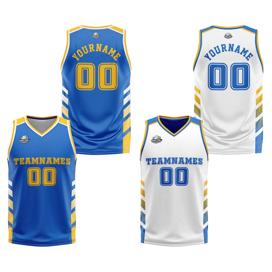 Benutzerdefinierte Blau Weiß Gelb Reversible Basketball Jersey Personalisierte Print Name Nummer Logo