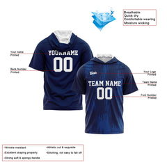 Benutzerdefinierte Dunkelblau Kurzarm-Kapuzenpullover für Männer Frauen Hemden mit Kapuzen gedruckt Name Logo