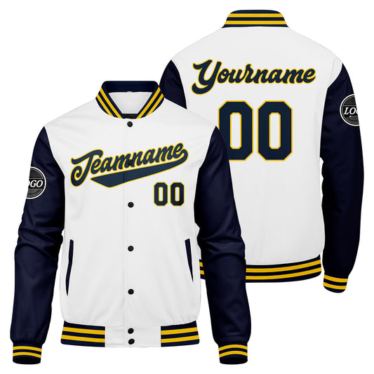 Benutzerdefinierte Verlauf Varsity-Jacke. Letterman-Jacke Marine Weiß Gelb