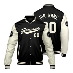 Maßgeschneiderte Schwarz Creme Weiß Letterman Varsity Jacket Individuelle Stickerei Druck nach Ihrem Wunsch