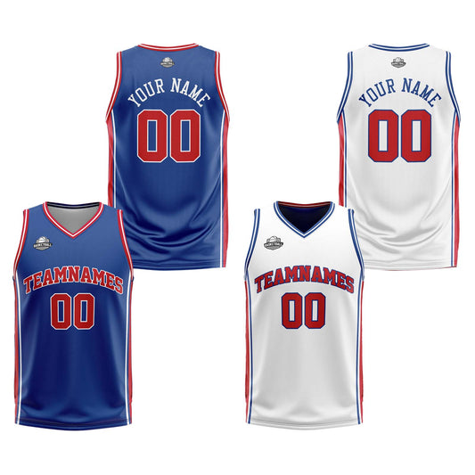 Benutzerdefinierte Royal Weiß Rot Reversible Basketball Jersey Personalisierte Print Name Nummer Logo