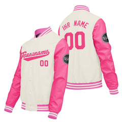 Maßgeschneiderte Creme Weiß Rosa Letterman Varsity Jacket Individuelle Stickerei Druck nach Ihrem Wunsch