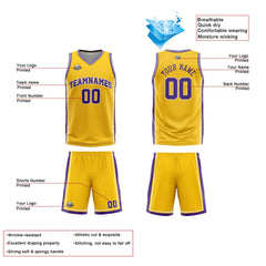 Benutzerdefinierte Gelb Weiß Lila Reversible Basketball Jersey Personalisierte Print Name Nummer Logo