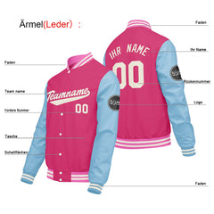 Maßgeschneiderte Rosa Hellblau Letterman Varsity Jacket Individuelle Stickerei Druck nach Ihrem Wunsch