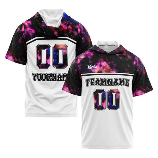 Benutzerdefinierte Weiß Sternenhimmel Kurzarm-Kapuzenpullover für Männer Frauen Hemden mit Kapuzen gedruckt Name Logo