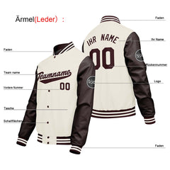 Maßgeschneiderte Creme Weiß Braun Letterman Varsity Jacket Individuelle Stickerei Druck nach Ihrem Wunsch