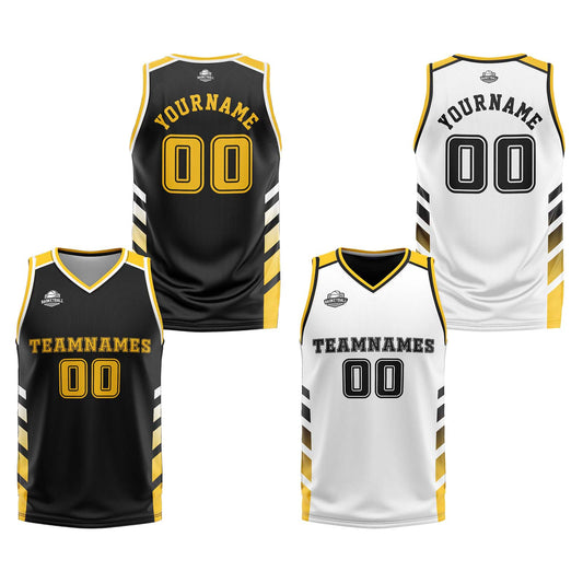 Benutzerdefinierte Schwarz Weiß Gelb Reversible Basketball Jersey Personalisierte Print Name Nummer Logo