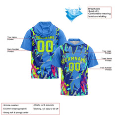 Benutzerdefinierte Blau Neon Grün Kurzarm-Kapuzenpullover für Männer Frauen Hemden mit Kapuzen gedruckt Name Logo