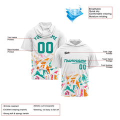 Benutzerdefinierte Weiß Teal Kurzarm-Kapuzenpullover für Männer Frauen Hemden mit Kapuzen gedruckt Name Logo
